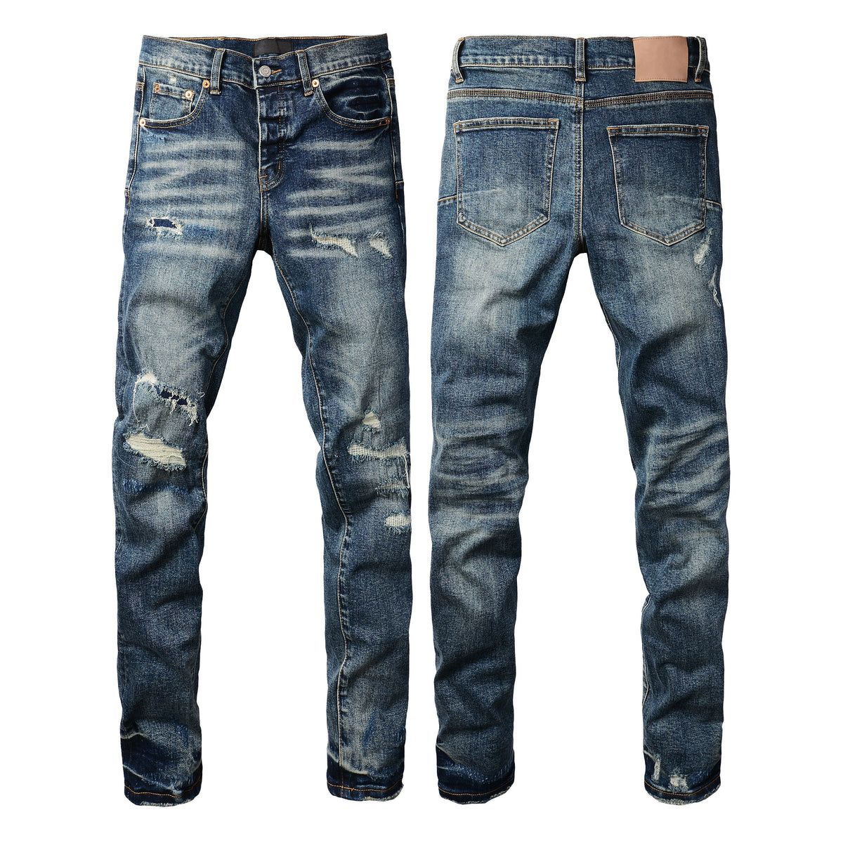 Purple Jeans Men Classic Streetwear Jeans Distressed Dark Blue Ripped Skinny 9096