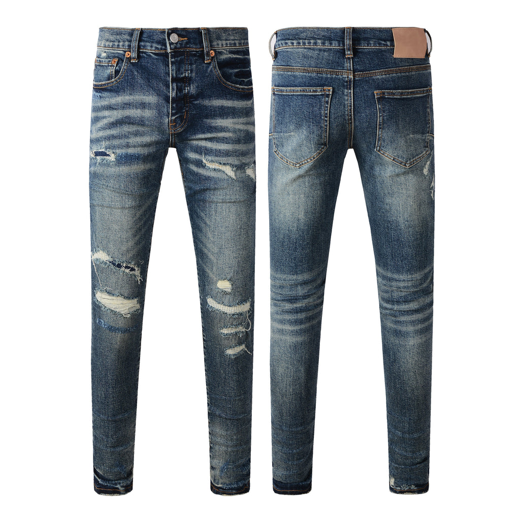 Purple Jeans Men Classic Streetwear Jeans Distressed Dark Blue Ripped Skinny 9096
