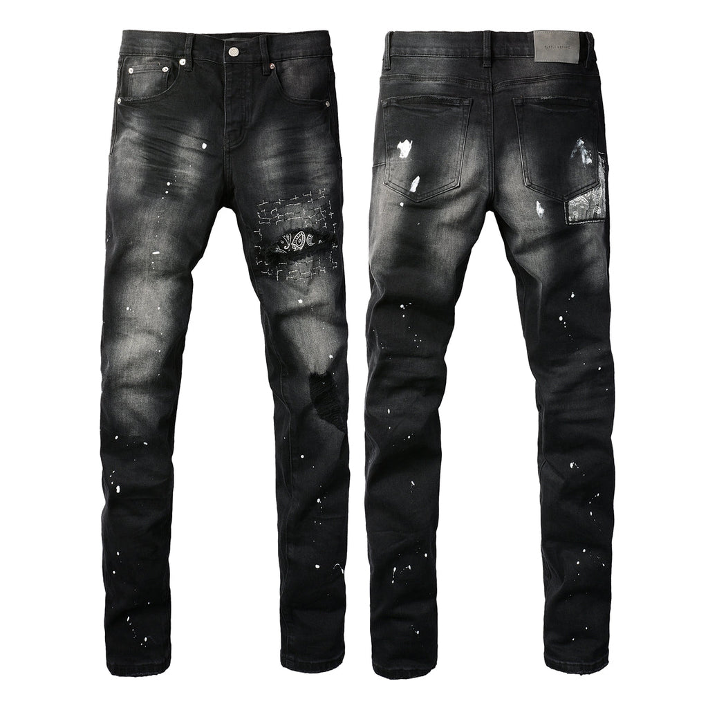 Purple Jeans Men Streetwear Jeans Distressed Black Paint Splash Patch Ripped Skinny 9099