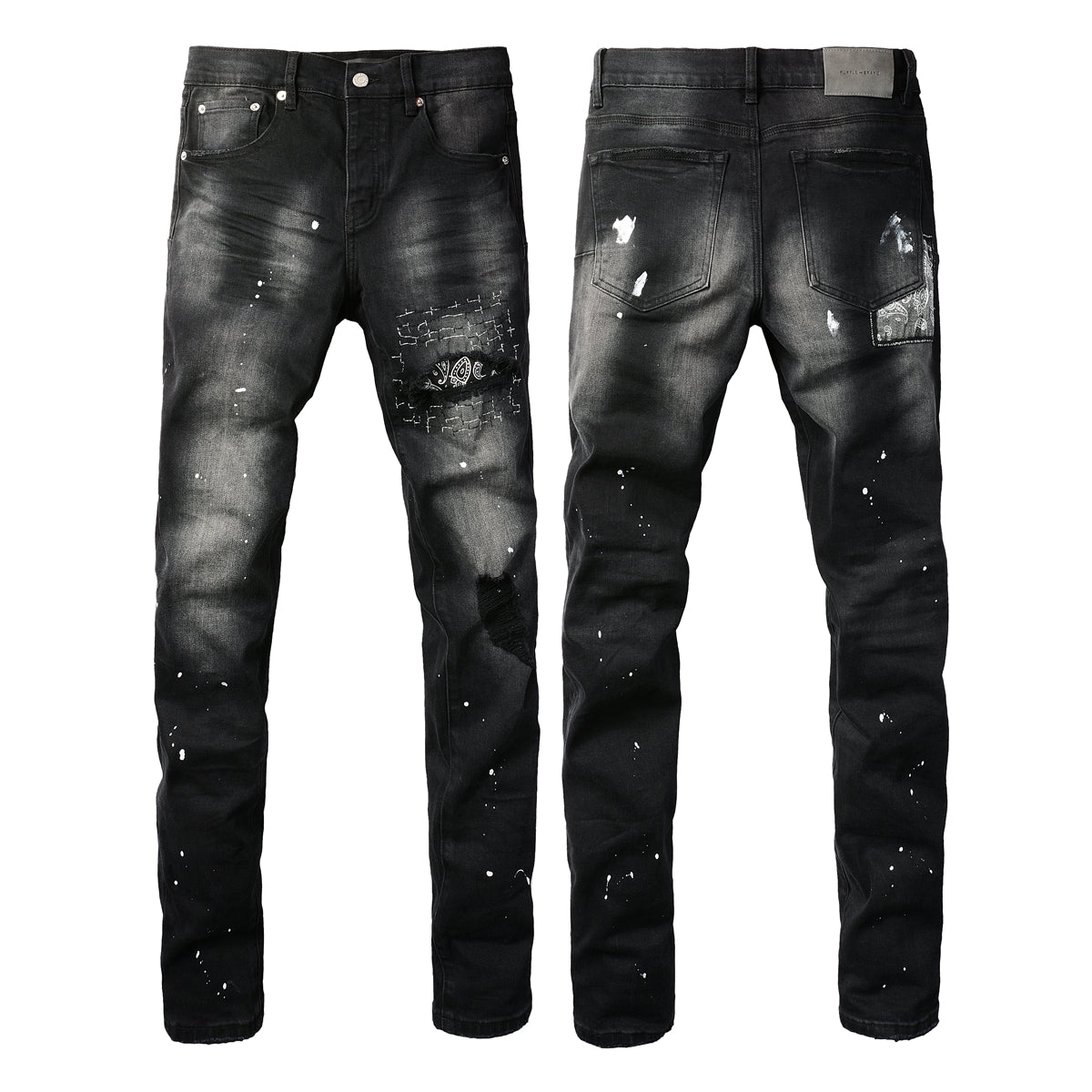 Purple Jeans Men Streetwear Jeans Distressed Black Paint Splash Patch Ripped Skinny 9099