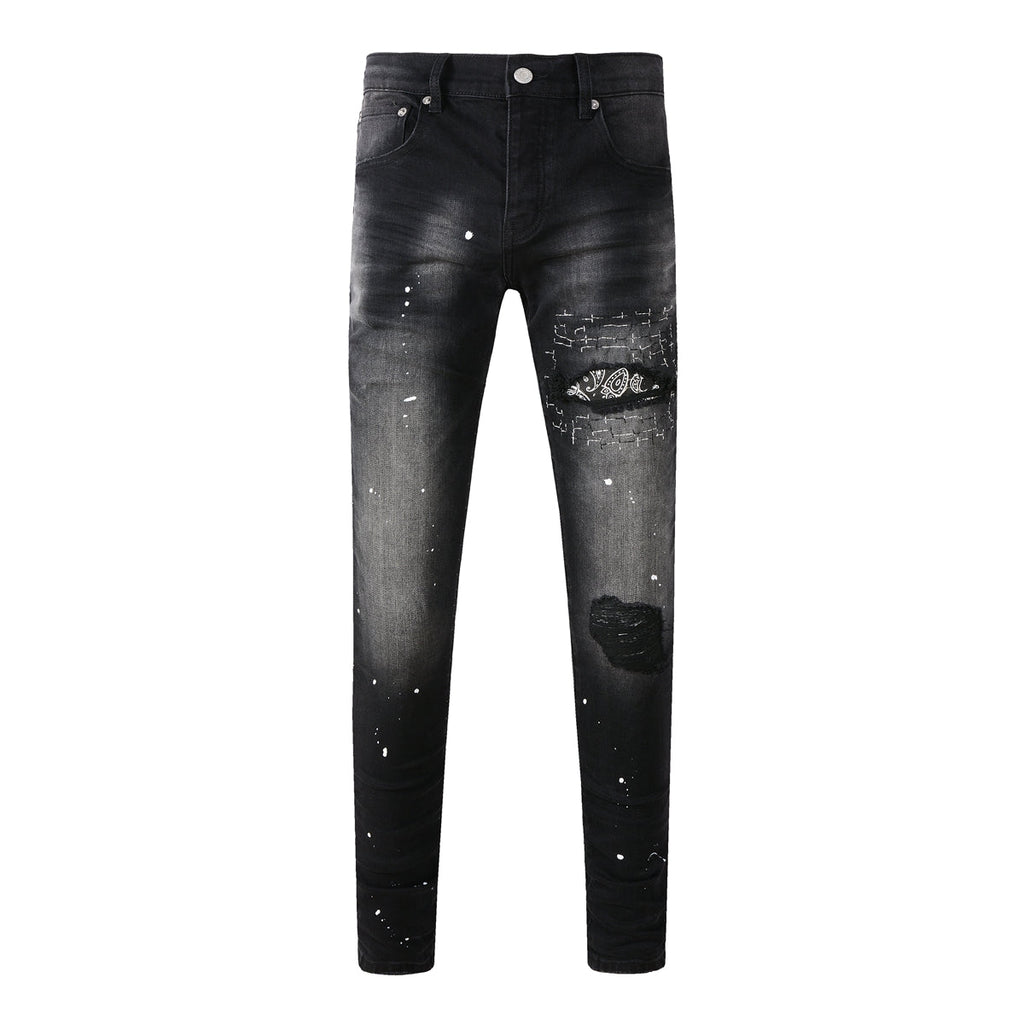 Purple Jeans Men Streetwear Jeans Distressed Black Paint Splash Patch Ripped Skinny 9099