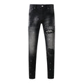 Purple Jeans Men Streetwear Jeans Distressed Black Paint Splash Patch Ripped Skinny 9099