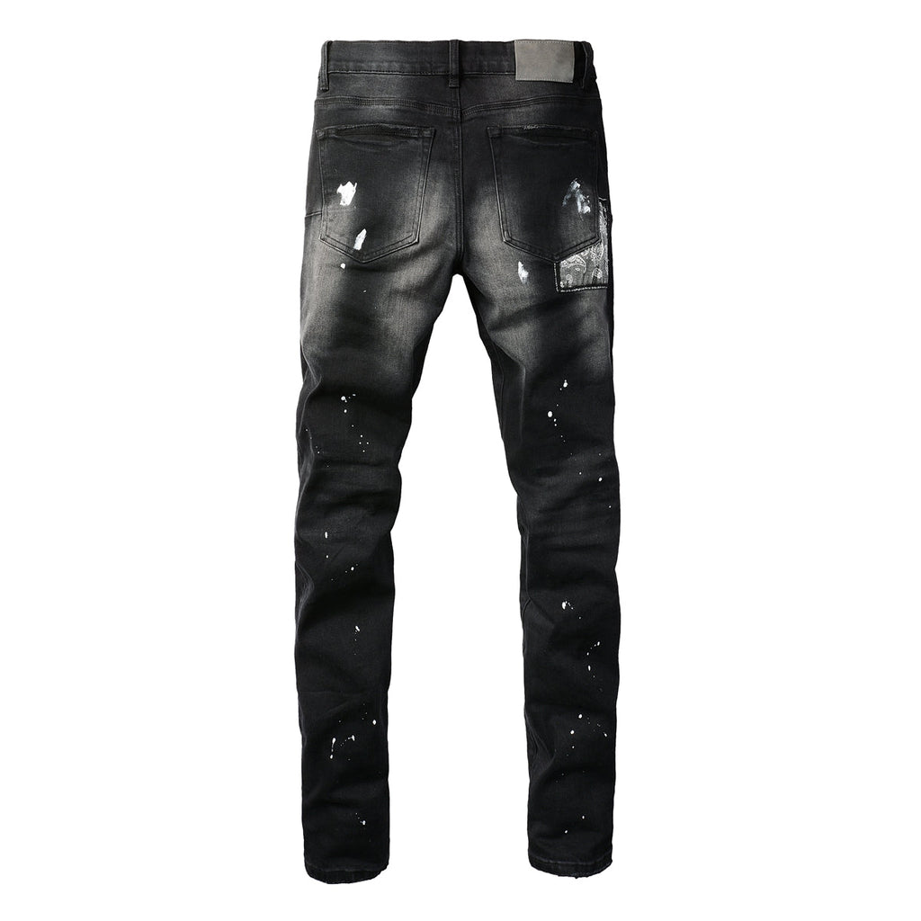 Purple Jeans Men Streetwear Jeans Distressed Black Paint Splash Patch Ripped Skinny 9099