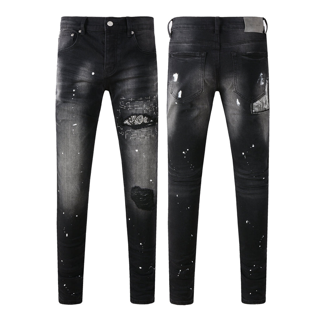 Purple Jeans Men Streetwear Jeans Distressed Black Paint Splash Patch Ripped Skinny 9099