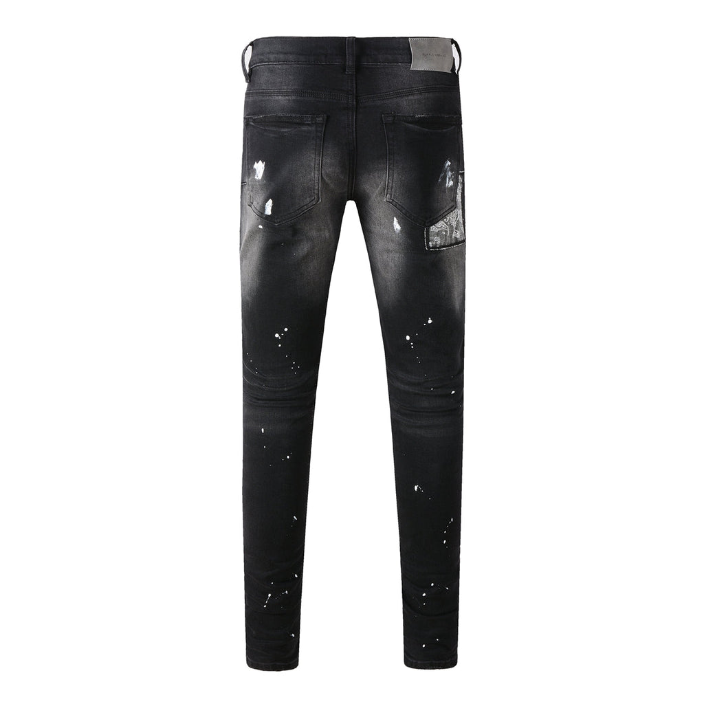 Purple Jeans Men Streetwear Jeans Distressed Black Paint Splash Patch Ripped Skinny 9099