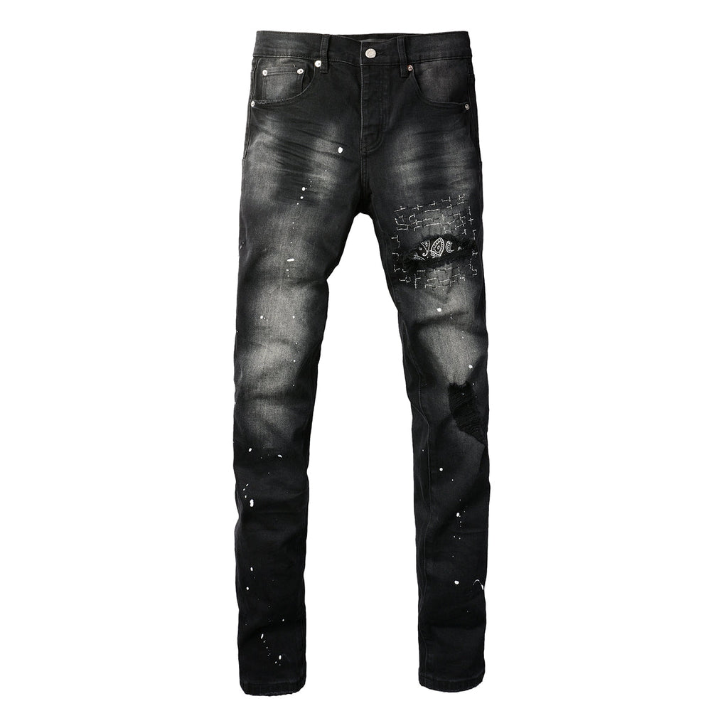 Purple Jeans Men Streetwear Jeans Distressed Black Paint Splash Patch Ripped Skinny 9099