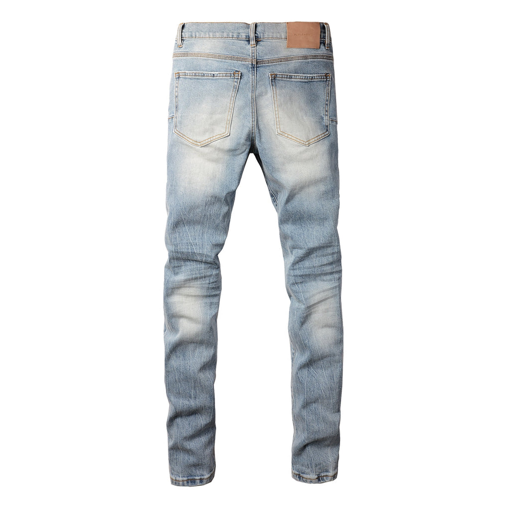 Purple Jeans Men Streetwear Jeans Light Blue Ripped Graffiti Print Distressed Skinny 9101