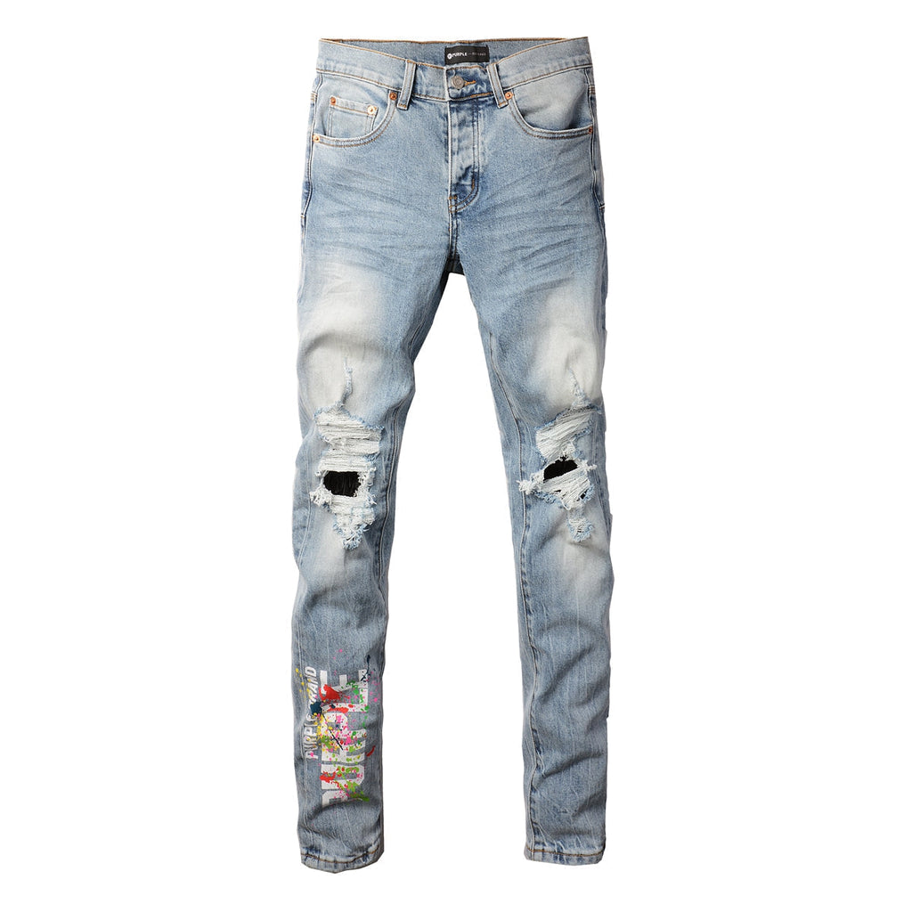 Purple Jeans Men Streetwear Jeans Light Blue Ripped Graffiti Print Distressed Skinny 9101