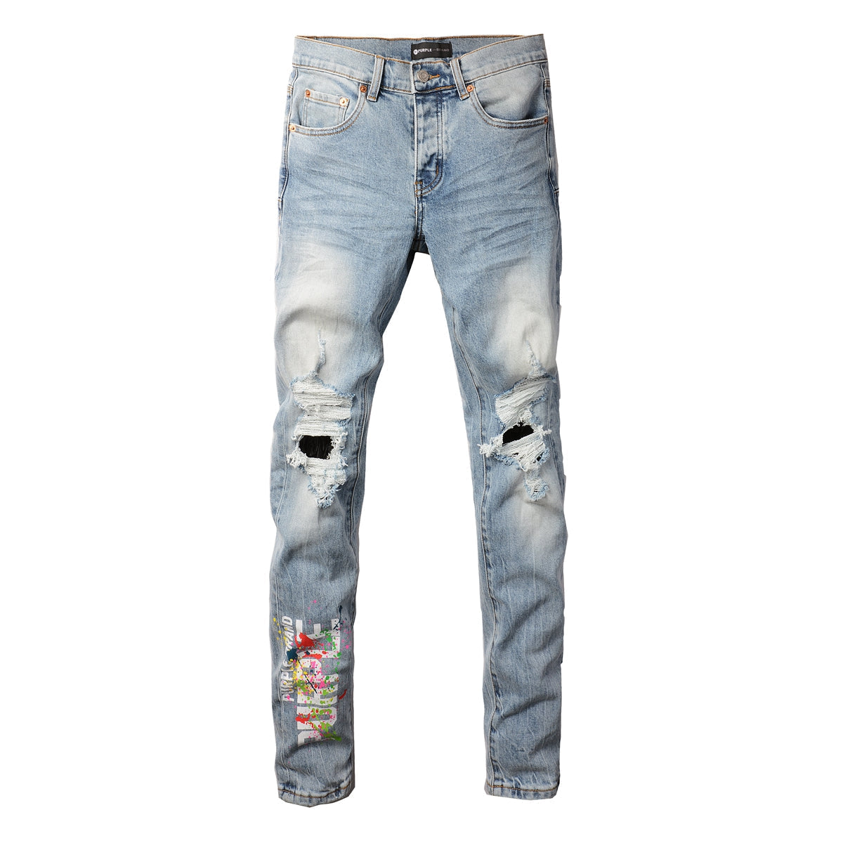 Purple Jeans Men Streetwear Jeans Light Blue Ripped Graffiti Print Distressed Skinny 9101