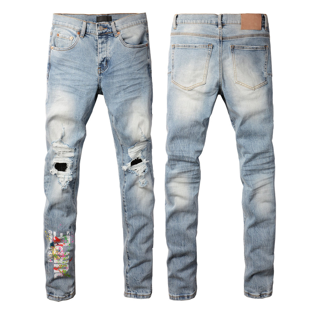 Purple Jeans Men Streetwear Jeans Light Blue Ripped Graffiti Print Distressed Skinny 9101