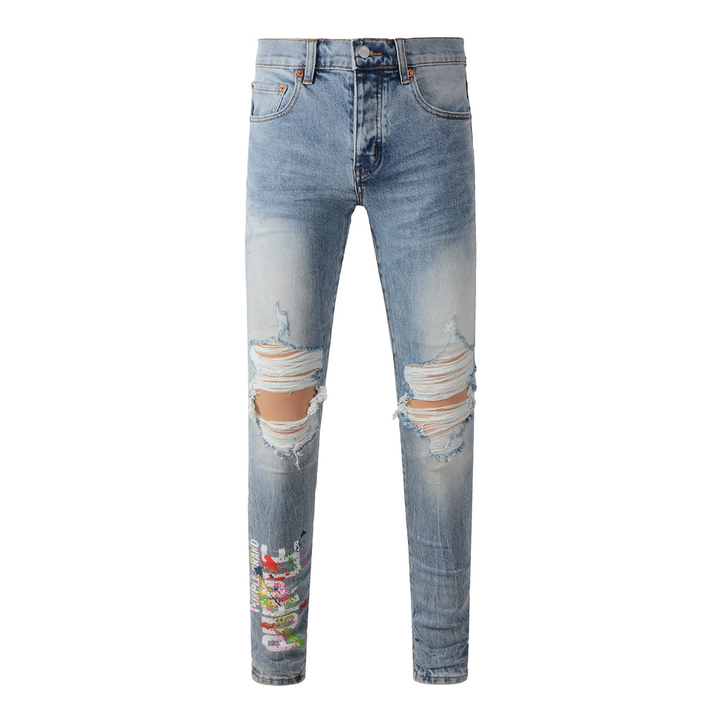 Purple Jeans Men Streetwear Jeans Light Blue Ripped Graffiti Print Distressed Skinny 9101