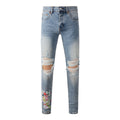 Purple Jeans Men Streetwear Jeans Light Blue Ripped Graffiti Print Distressed Skinny 9101