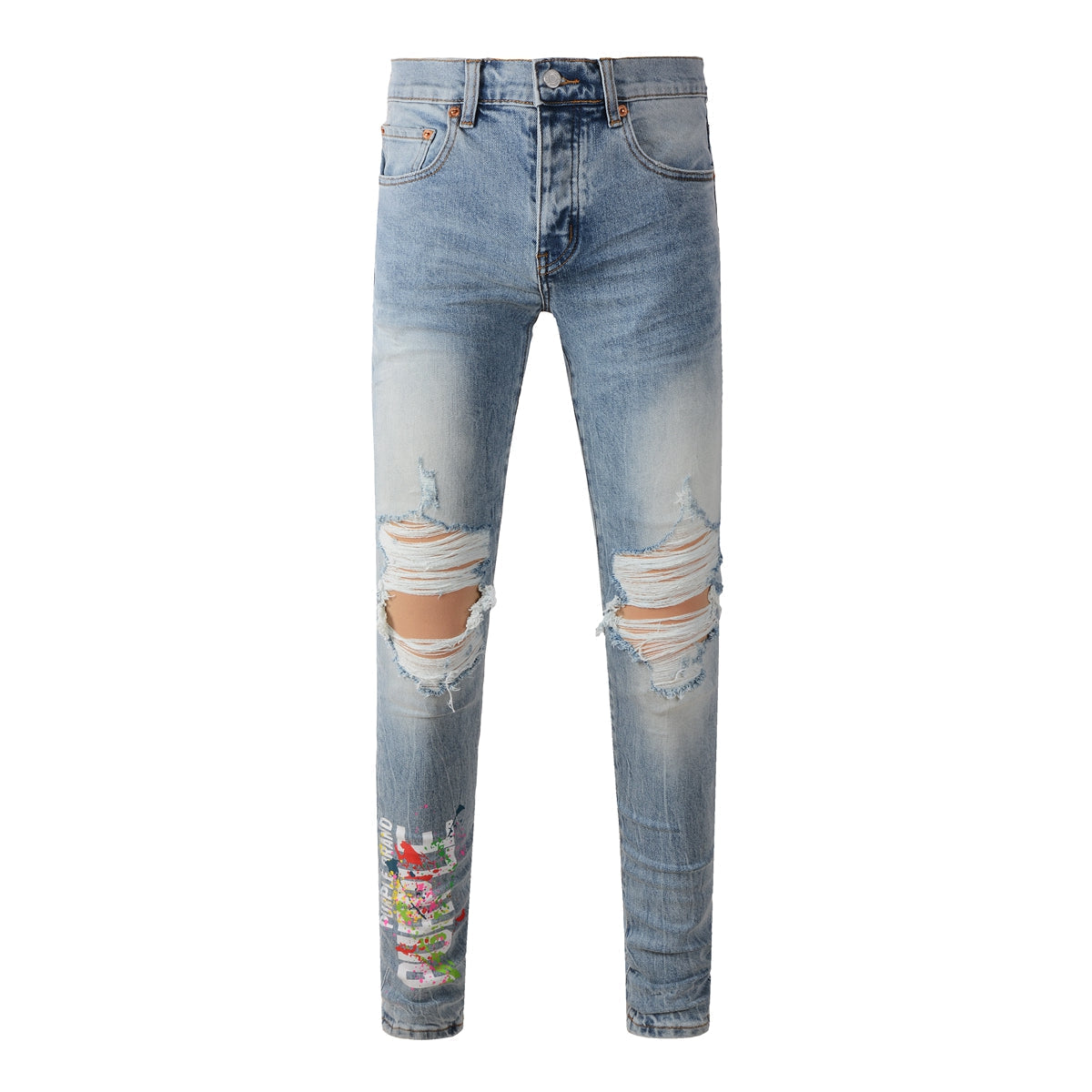 Purple Jeans Men Streetwear Jeans Light Blue Ripped Graffiti Print Distressed Skinny 9101