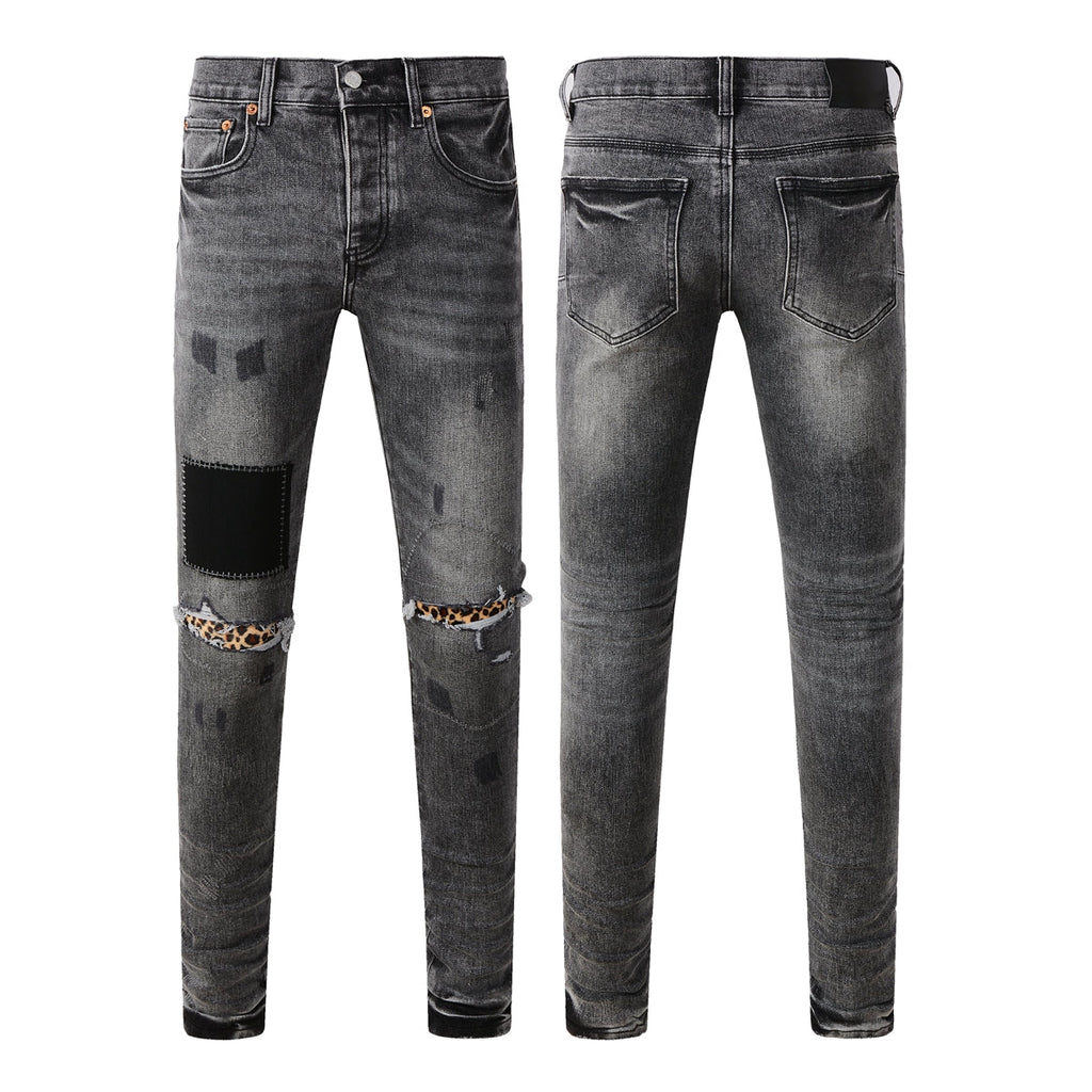 Purple Jeans Men Streetwear Jeans Distressed Grey Ripped Patch Leopard Skinny 9102