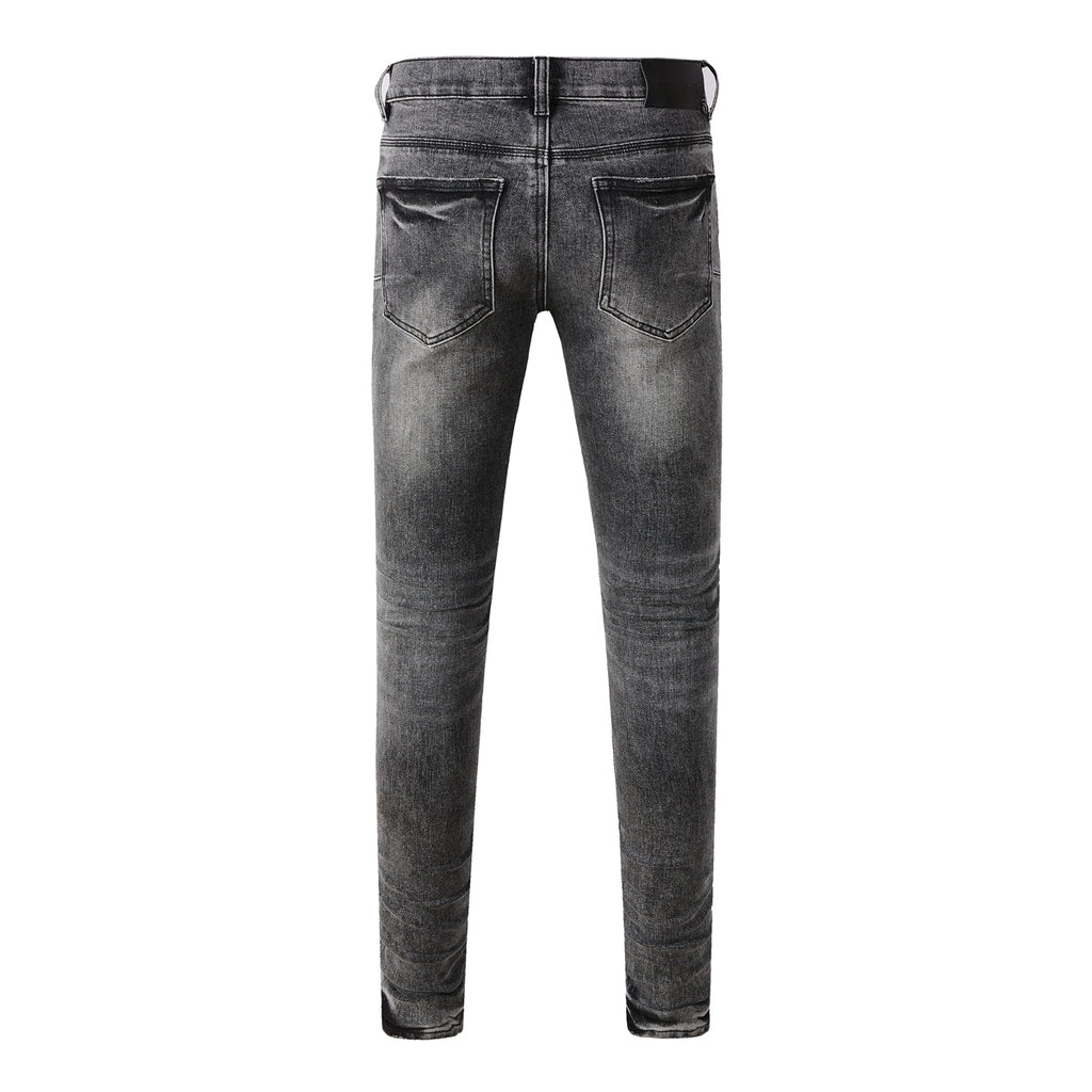 Purple Jeans Men Streetwear Jeans Distressed Grey Ripped Patch Leopard Skinny 9102