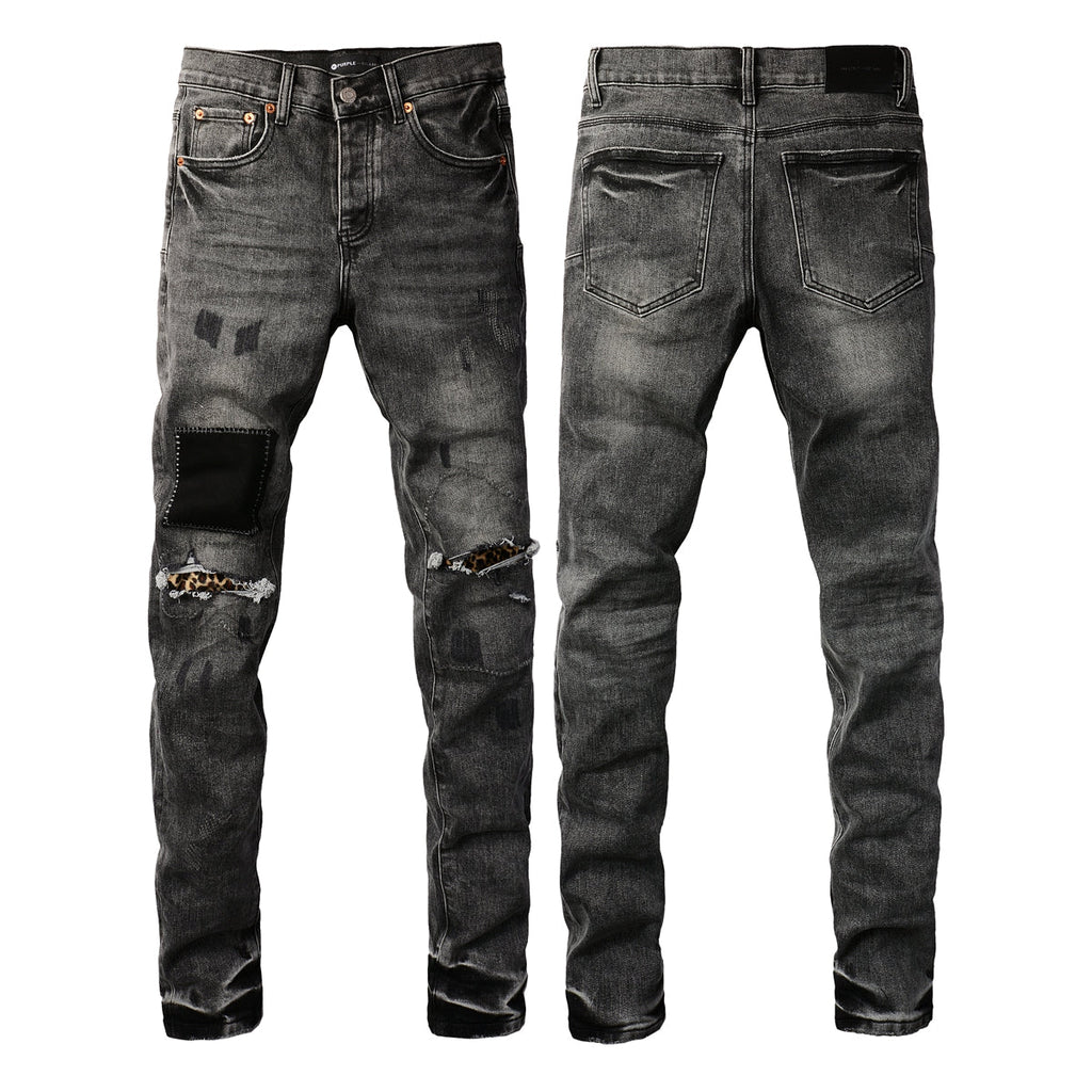 Purple Jeans Men Streetwear Jeans Distressed Grey Ripped Patch Leopard Skinny 9102