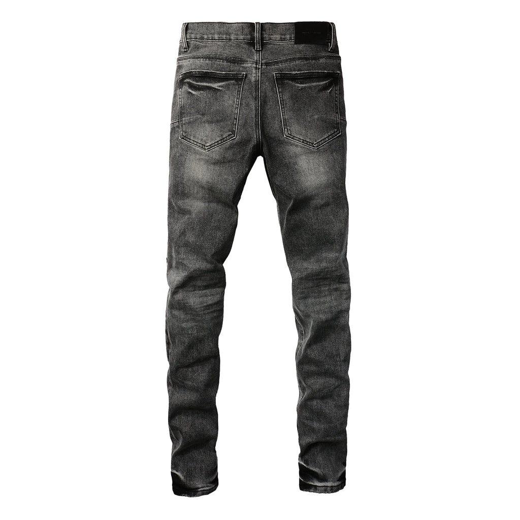 Purple Jeans Men Streetwear Jeans Distressed Grey Ripped Patch Leopard Skinny 9102
