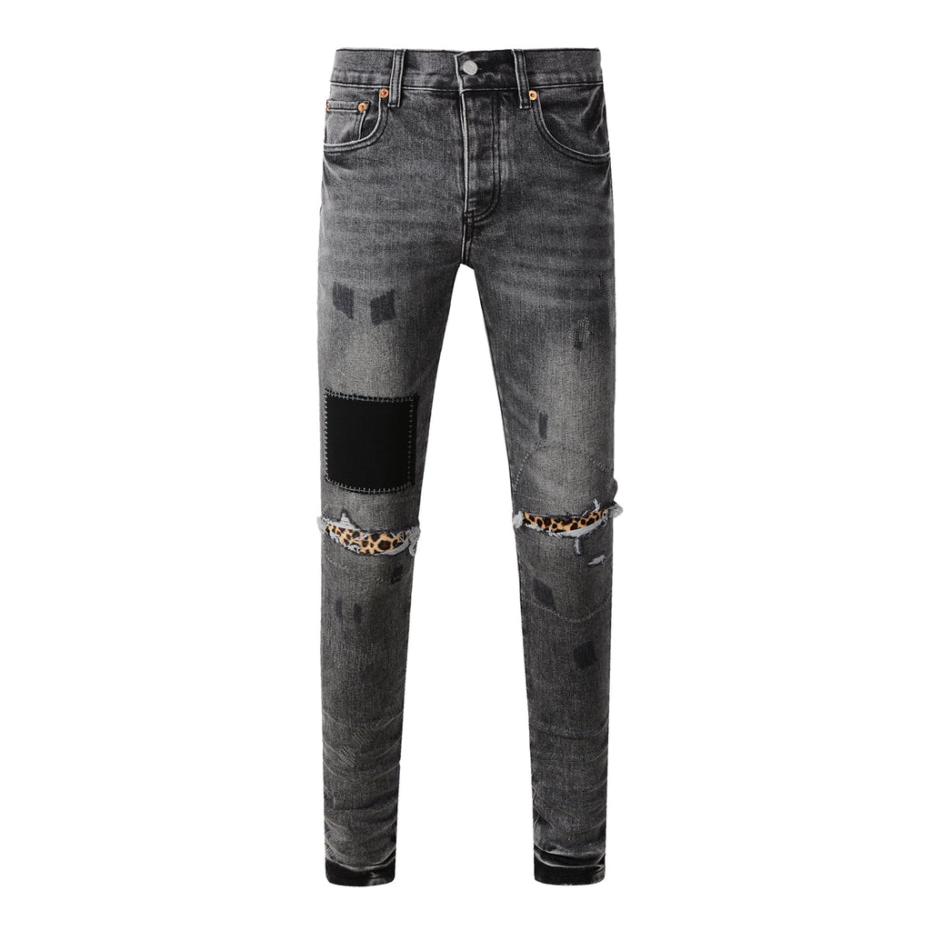 Purple Jeans Men Streetwear Jeans Distressed Grey Ripped Patch Leopard Skinny 9102