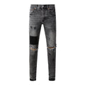 Purple Jeans Men Streetwear Jeans Distressed Grey Ripped Patch Leopard Skinny 9102