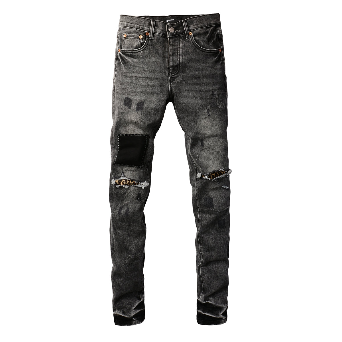 Purple Jeans Men Streetwear Jeans Distressed Grey Ripped Patch Leopard Skinny 9102