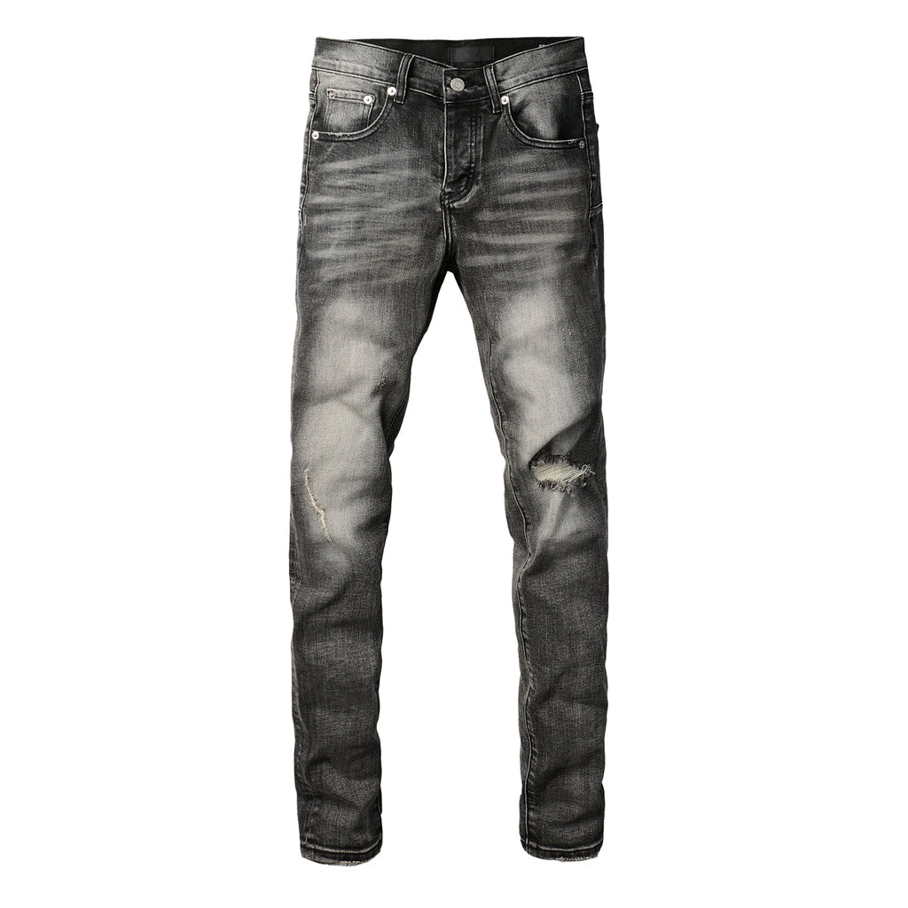 Purple Jeans Men Classic Streetwear Jeans Distressed Grey Ripped Skinny Fit 9103