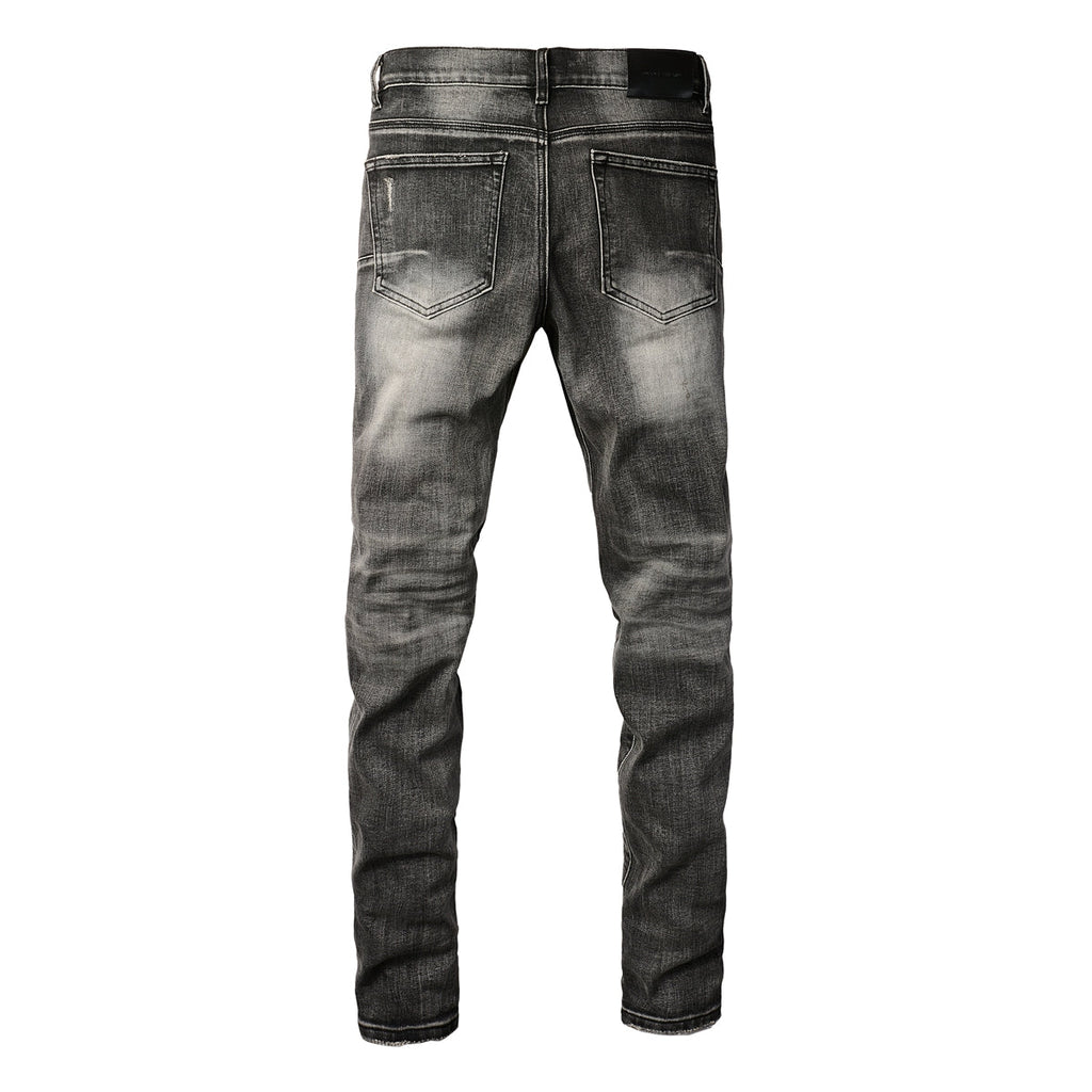 Purple Jeans Men Classic Streetwear Jeans Distressed Grey Ripped Skinny Fit 9103