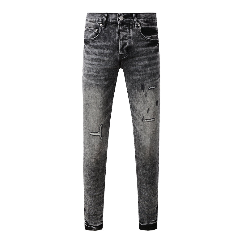 Purple Jeans Men Distressed Grey Washed Skinny Jeans Ripped Scratch Style 9105