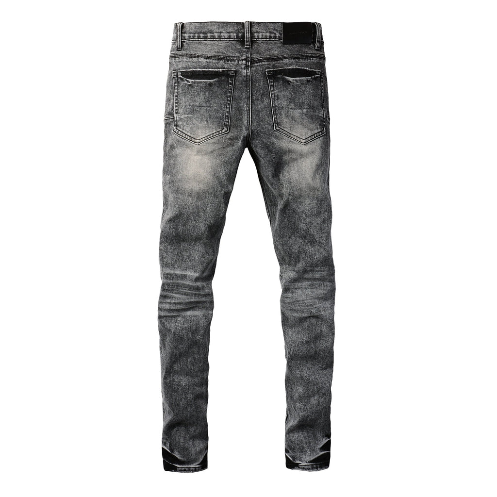 Purple Jeans Men Distressed Grey Washed Skinny Jeans Ripped Scratch Style 9105