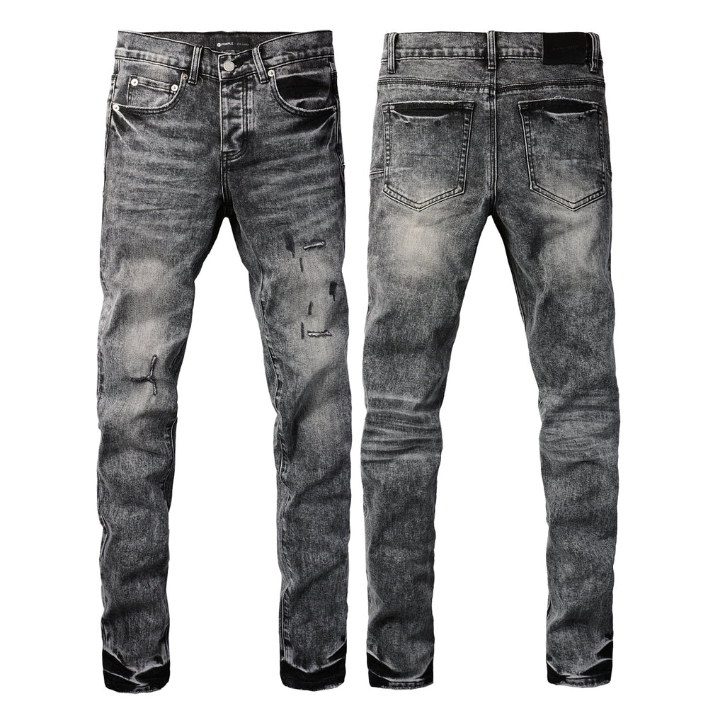 Purple Jeans Men Distressed Grey Washed Skinny Jeans Ripped Scratch Style 9105