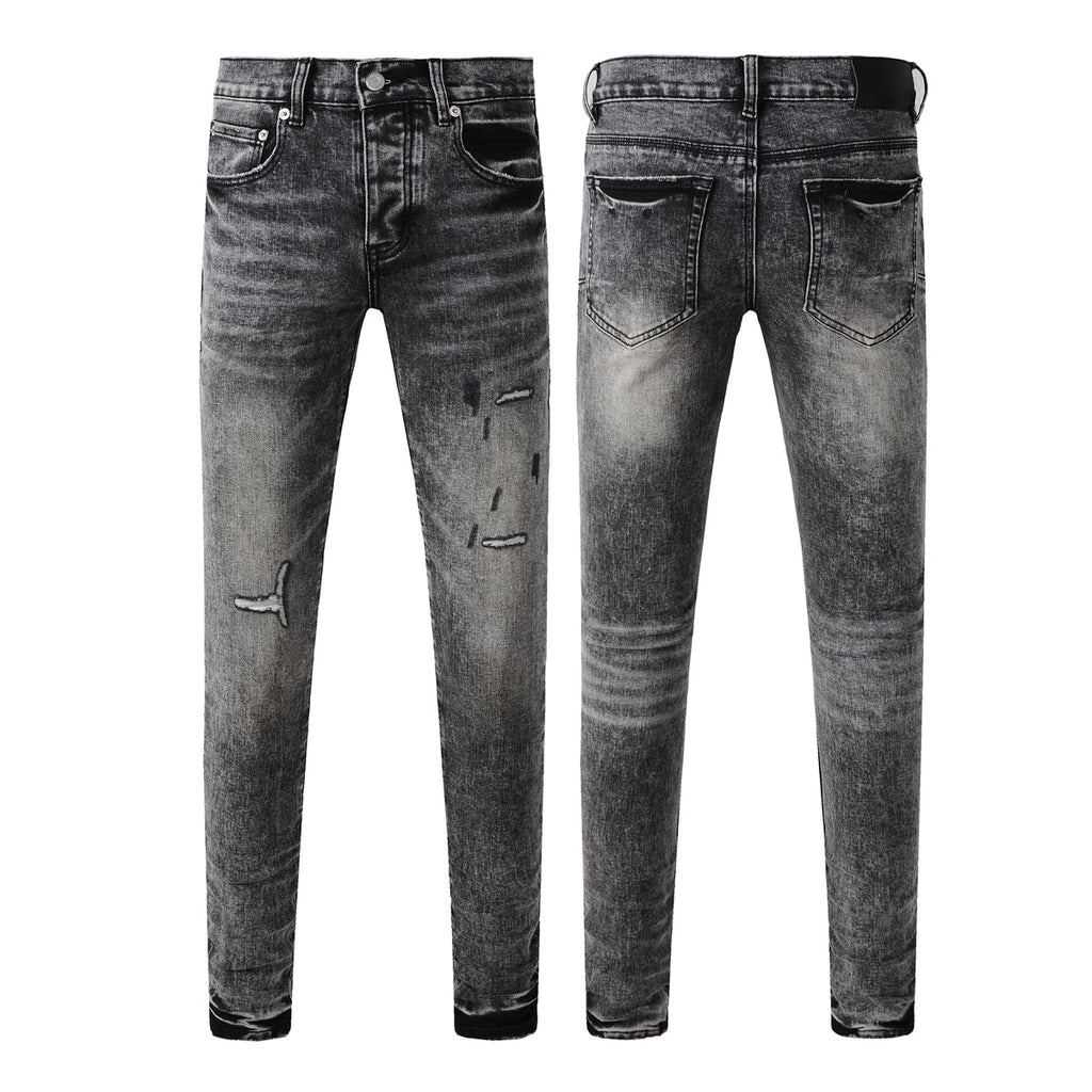 Purple Jeans Men Distressed Grey Washed Skinny Jeans Ripped Scratch Style 9105