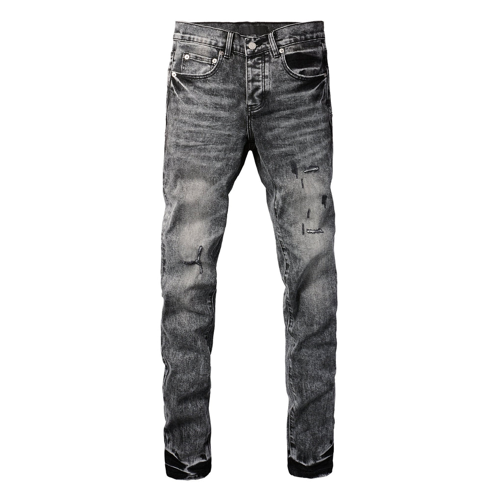 Purple Jeans Men Distressed Grey Washed Skinny Jeans Ripped Scratch Style 9105