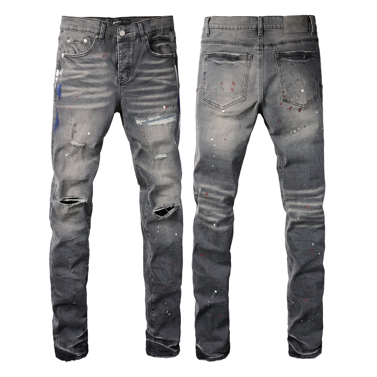 Purple Men Streetwear Distressed Grey Skinny Jeans with Color Paint Splatter and Knee Rips 9107