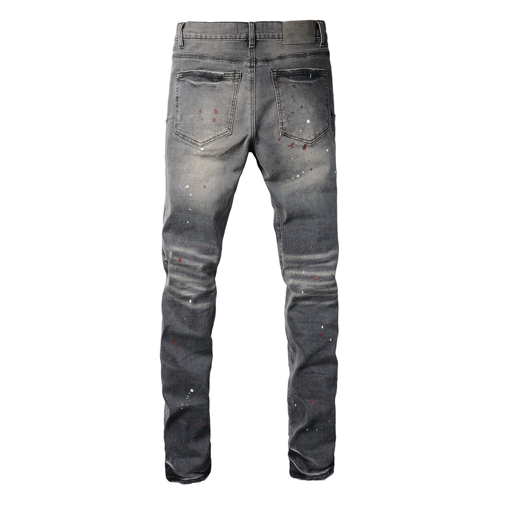 Purple Men Streetwear Distressed Grey Skinny Jeans with Color Paint Splatter and Knee Rips 9107