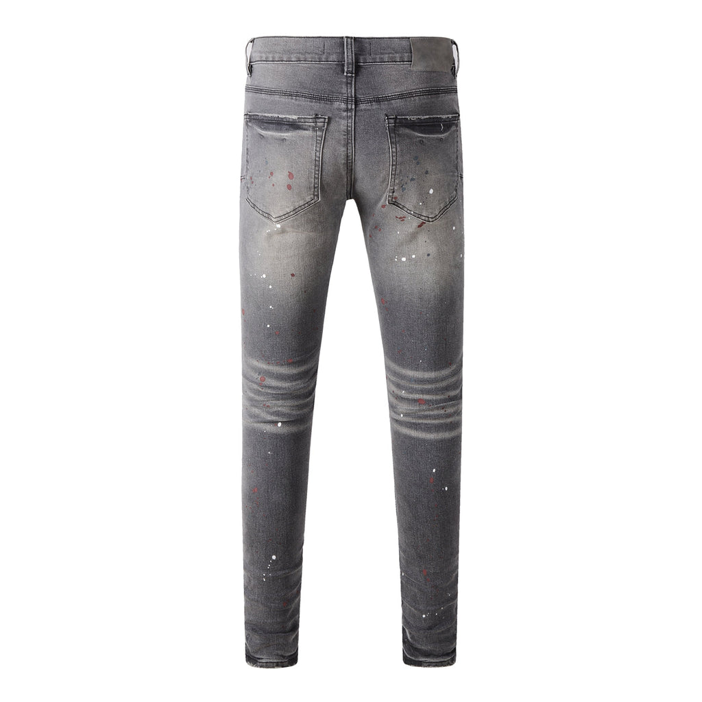Purple Men Streetwear Distressed Grey Skinny Jeans with Color Paint Splatter and Knee Rips 9107
