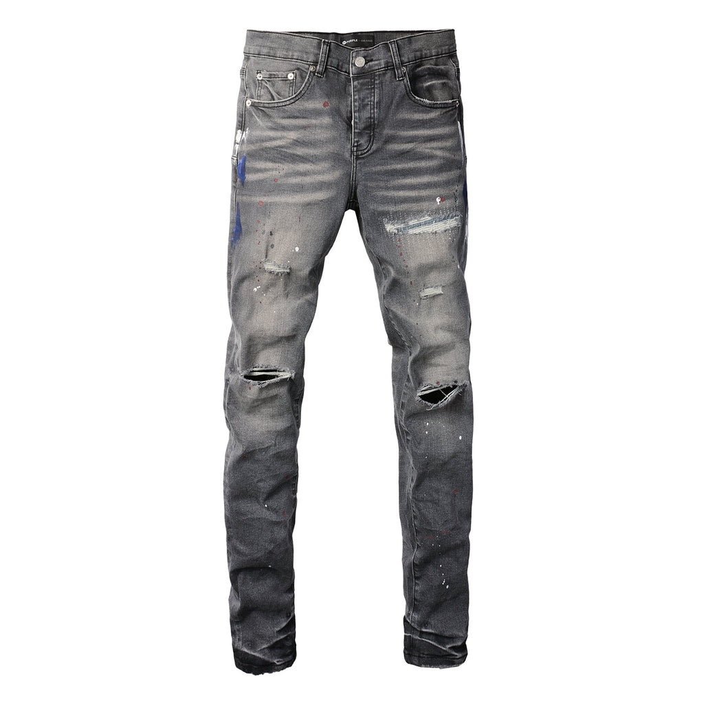 Purple Men Streetwear Distressed Grey Skinny Jeans with Color Paint Splatter and Knee Rips 9107