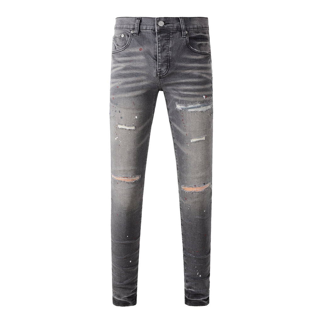 Purple Men Streetwear Distressed Grey Skinny Jeans with Color Paint Splatter and Knee Rips 9107