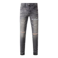 Purple Men Streetwear Distressed Grey Skinny Jeans with Color Paint Splatter and Knee Rips 9107