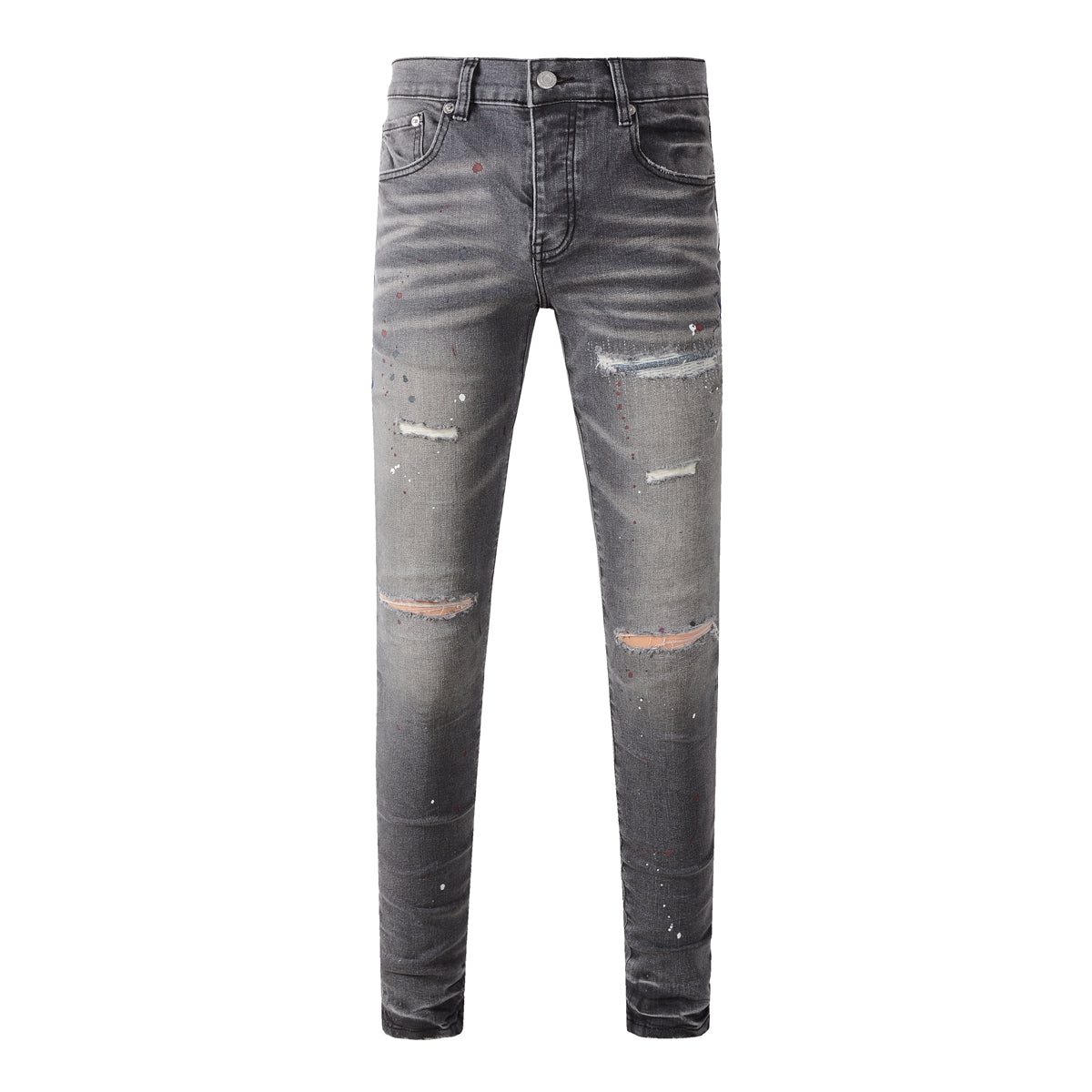Purple Men Streetwear Distressed Grey Skinny Jeans with Color Paint Splatter and Knee Rips 9107