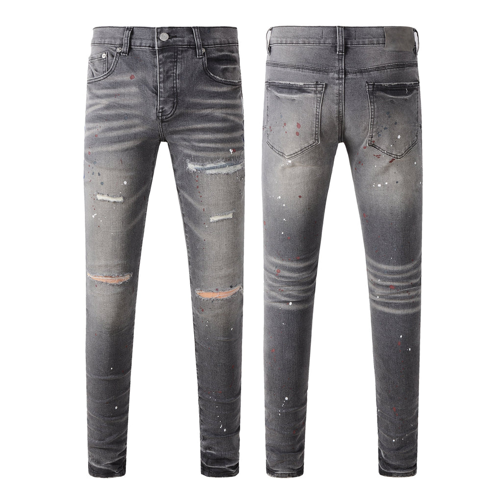Purple Men Streetwear Distressed Grey Skinny Jeans with Color Paint Splatter and Knee Rips 9107