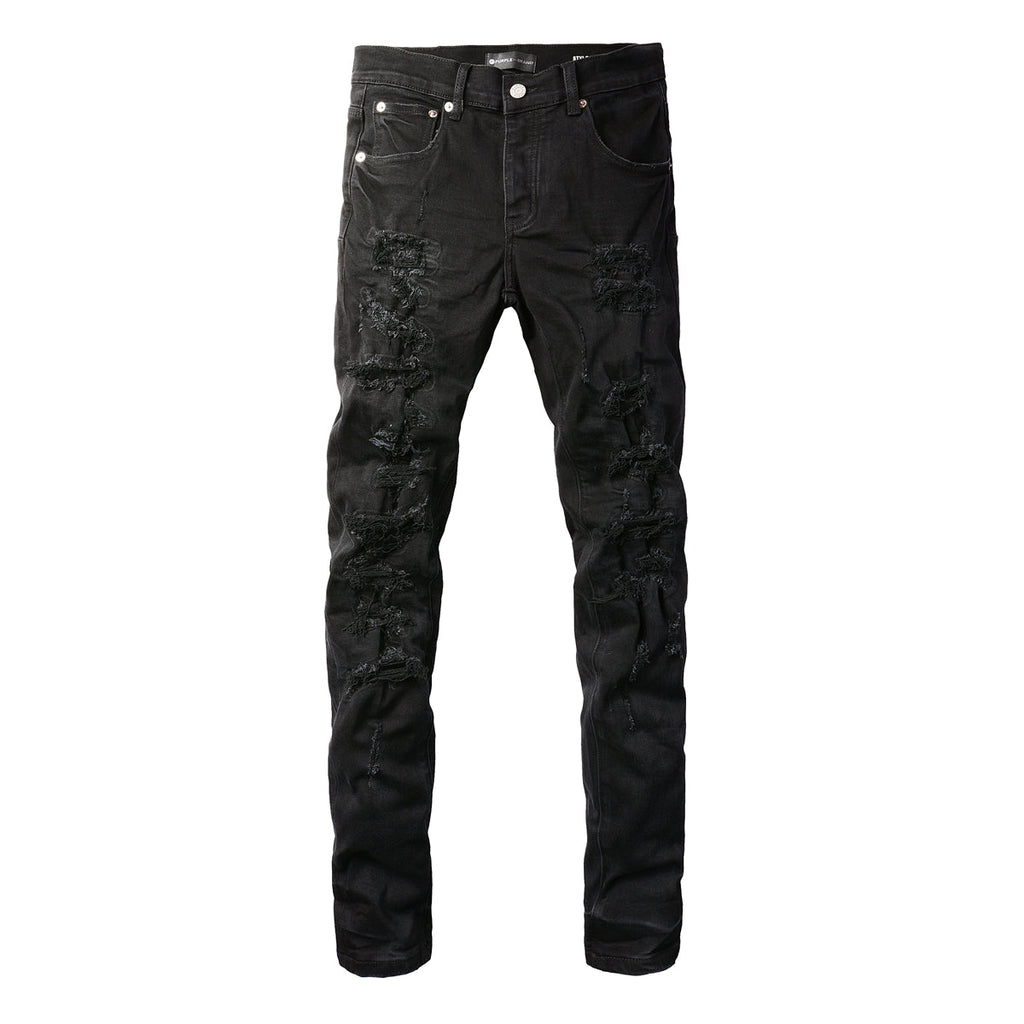 Purple Jeans Men Distressed Black Skinny Jeans with Heavy Ripped Design and Grunge Streetwear Vibe 9108