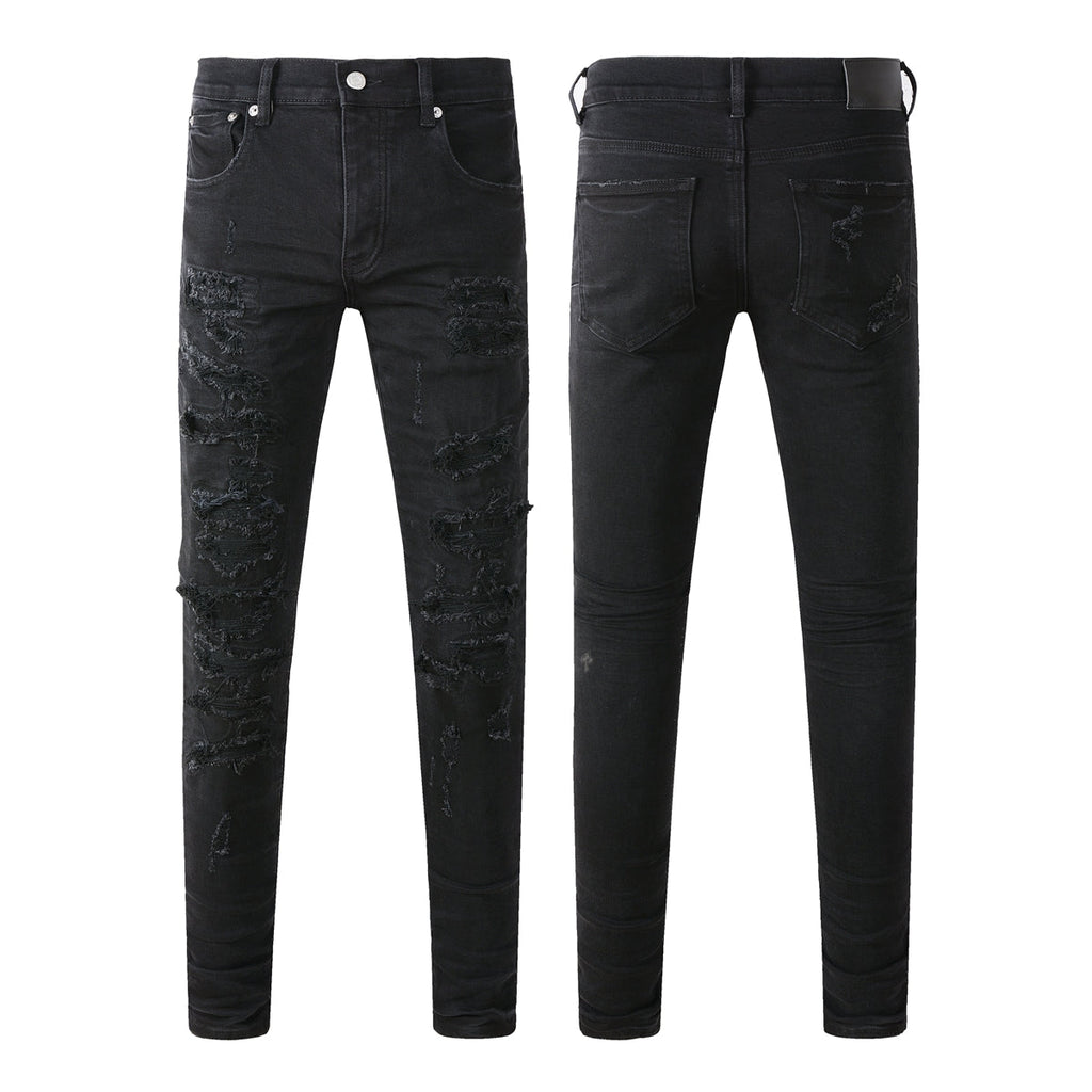 Purple Jeans Men Distressed Black Skinny Jeans with Heavy Ripped Design and Grunge Streetwear Vibe 9108