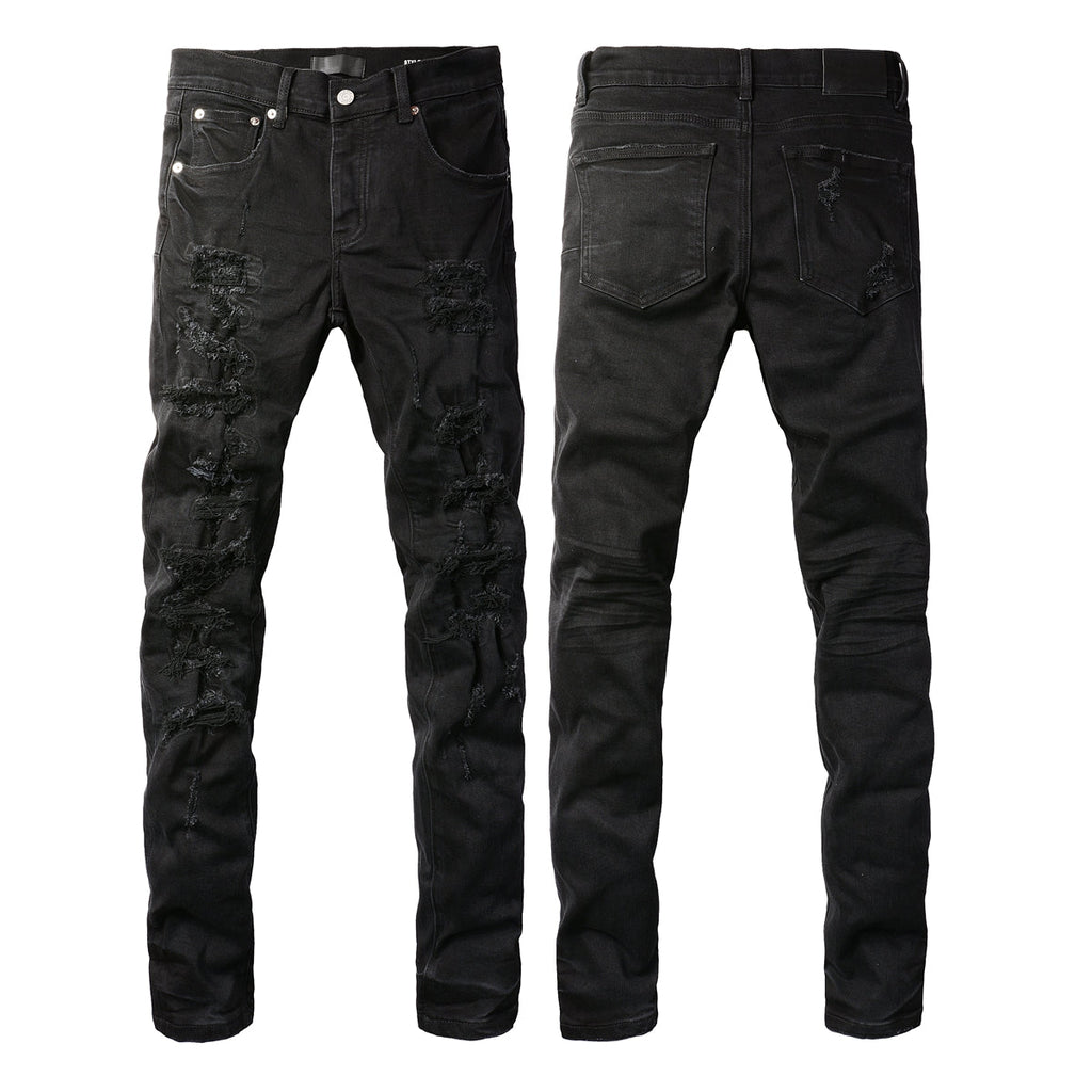 Purple Jeans Men Distressed Black Skinny Jeans with Heavy Ripped Design and Grunge Streetwear Vibe 9108