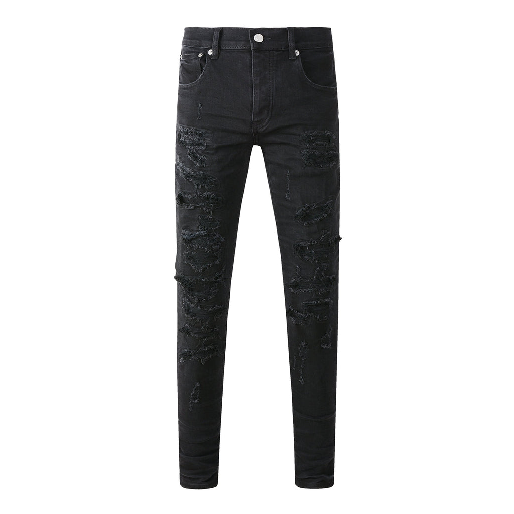 Purple Jeans Men Distressed Black Skinny Jeans with Heavy Ripped Design and Grunge Streetwear Vibe 9108