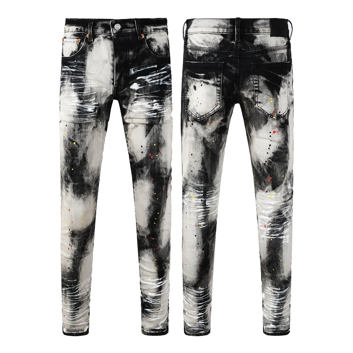 Purple Men Streetwear Skinny Jeans Black and White Graffiti Wash with Multi Color Paint Splash PU9111