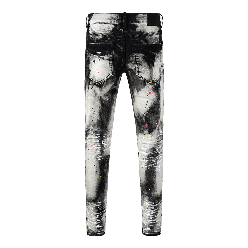 Purple Men Streetwear Skinny Jeans Black and White Graffiti Wash with Multi Color Paint Splash PU9111