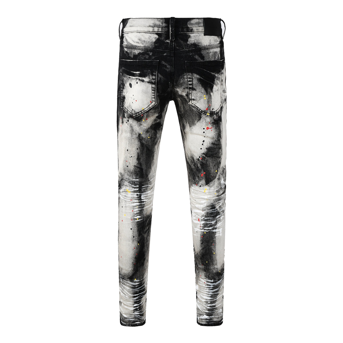 Purple Men Streetwear Skinny Jeans Black and White Graffiti Wash with Multi Color Paint Splash PU9111