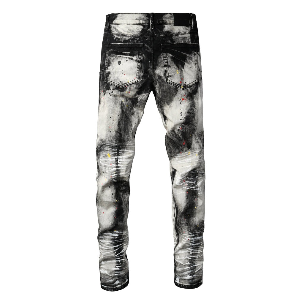 Purple Men Streetwear Skinny Jeans Black and White Graffiti Wash with Multi Color Paint Splash PU9111