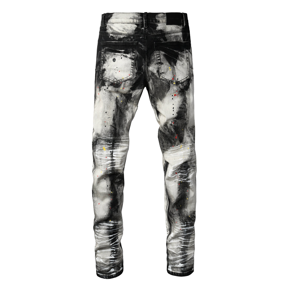 Purple Men Streetwear Skinny Jeans Black and White Graffiti Wash with Multi Color Paint Splash PU9111