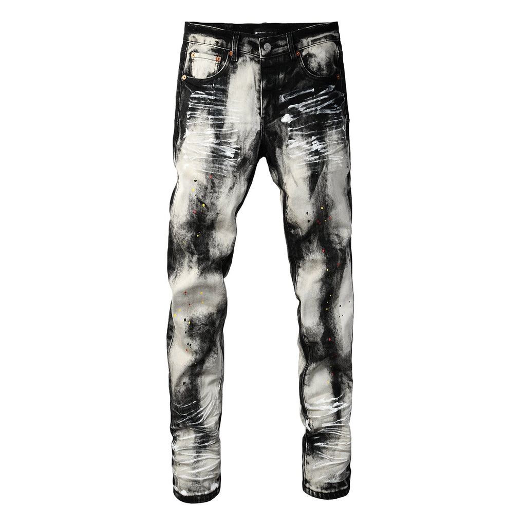 Purple Men Streetwear Skinny Jeans Black and White Graffiti Wash with Multi Color Paint Splash PU9111