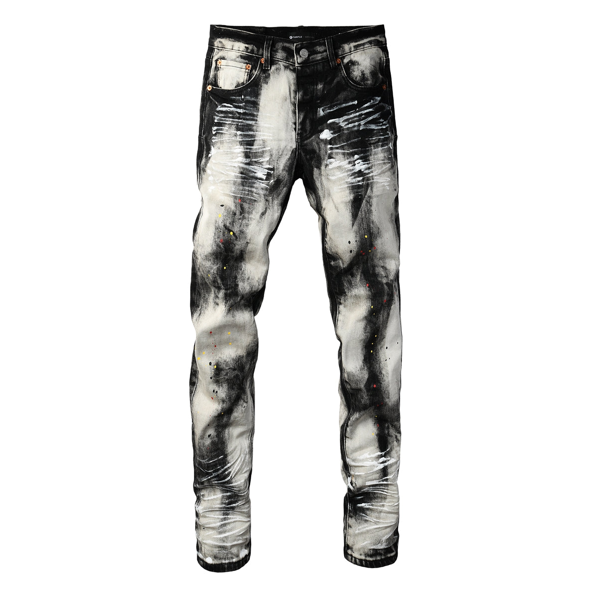 Purple Men Streetwear Skinny Jeans Black and White Graffiti Wash with Multi Color Paint Splash PU9111
